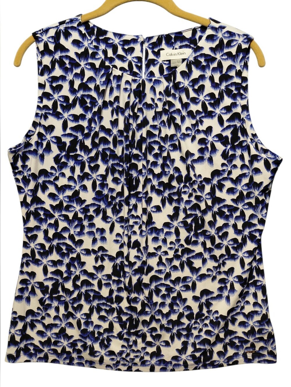 Calvin Klein White Sleeveless Floral-Print Tank with Blue and Black Motif